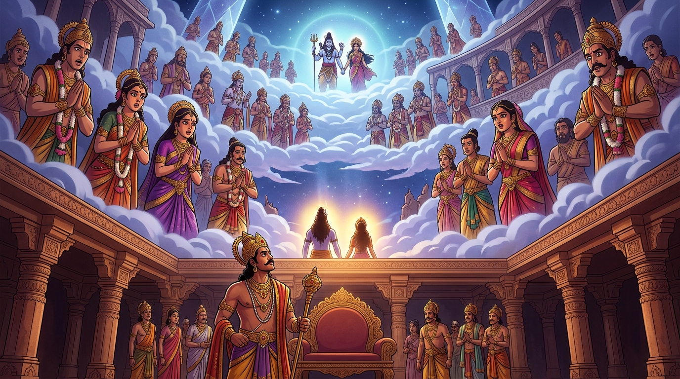 Celestial gods in the sky watch with bated breath to see how a mortal king can judge