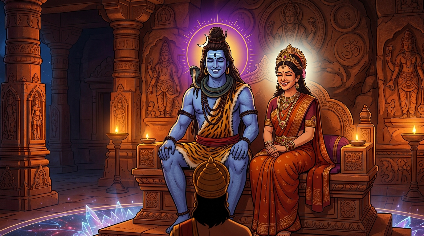Both Lord Shiva and Mother Parvati smile in profound divine delight at the King's wisdom