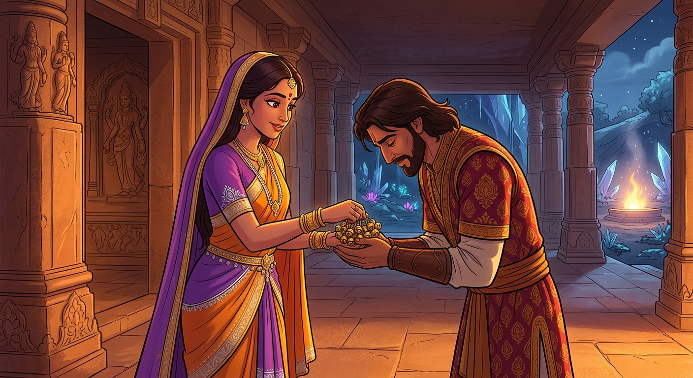 Goddess Parvati takes off her golden singing ankle-bells, placing them in Vikramaditya's hands