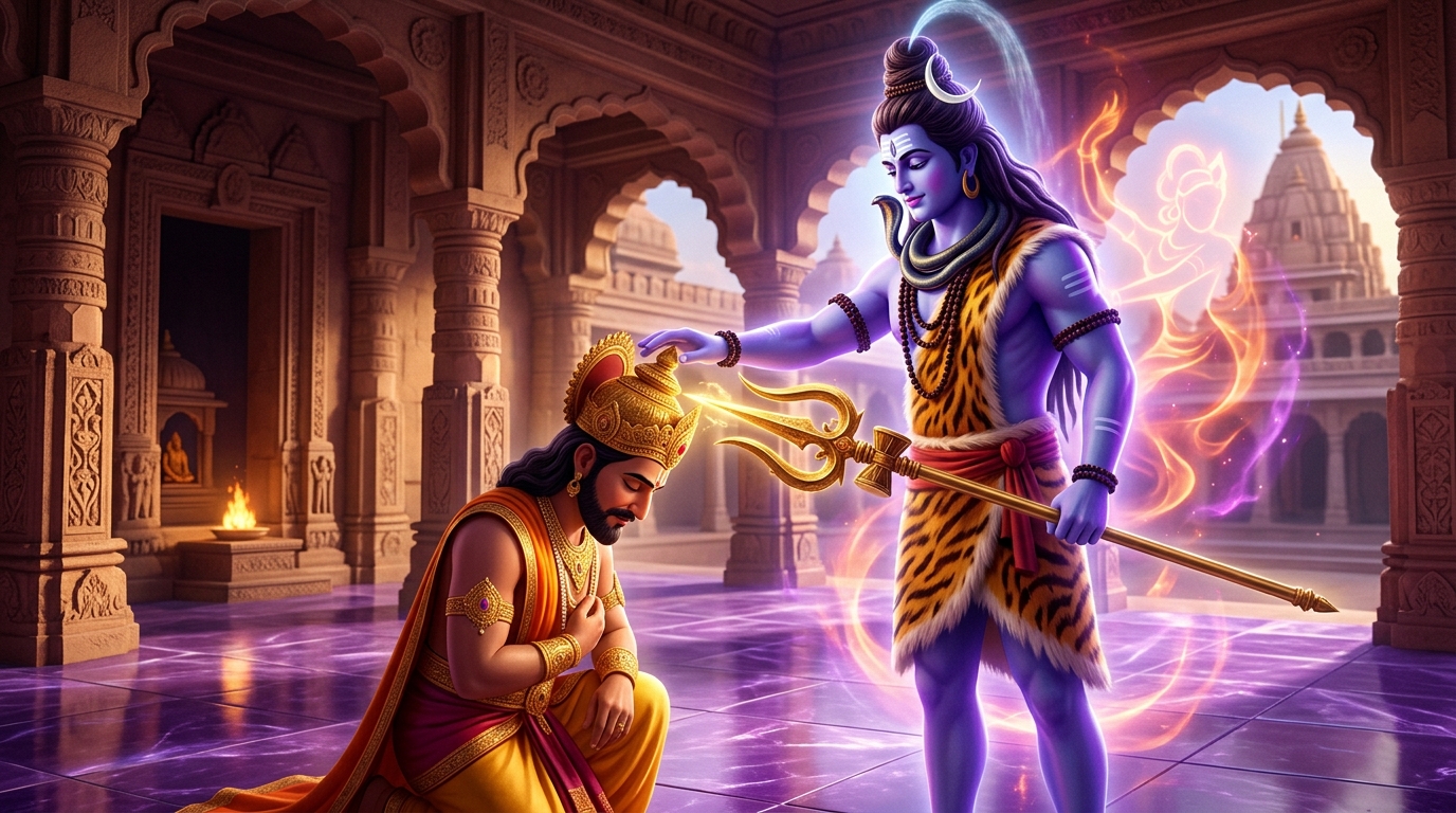 Lord Shiva touches the Emperor's head with his trident: 'Your name shall stand for Dharma!'