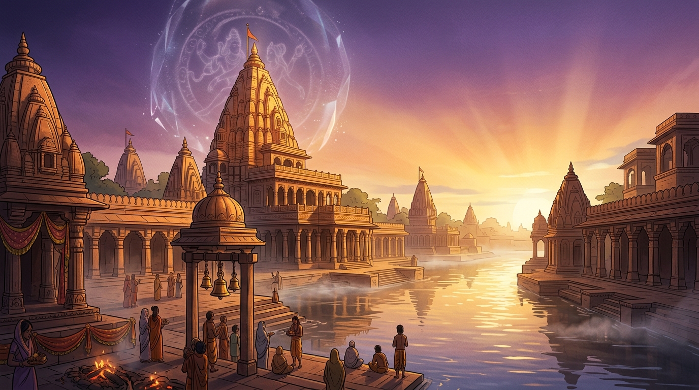 The cosmic arena dissolves into the golden rays of dawn over the Shipra river