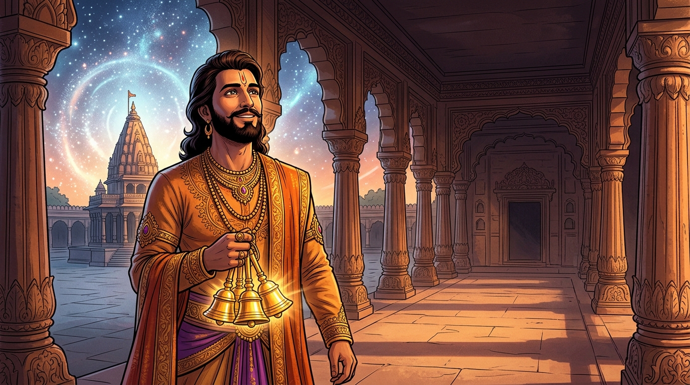 Holding the singing golden bells, Vikramaditya returns to his palace