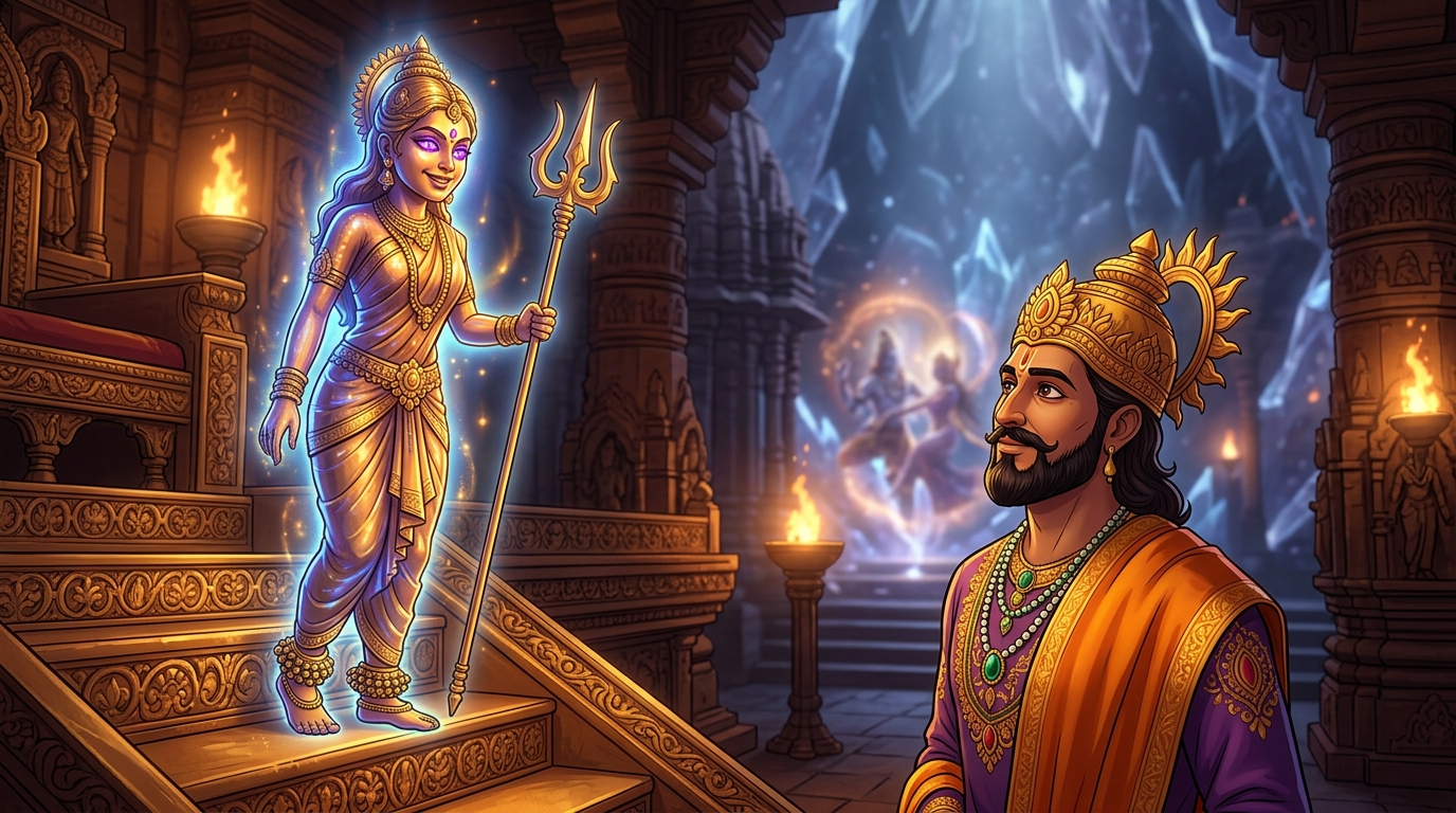 Back in Dharanagari palace, Sulakshana looks directly at King Bhoja with cosmic-amethyst eyes