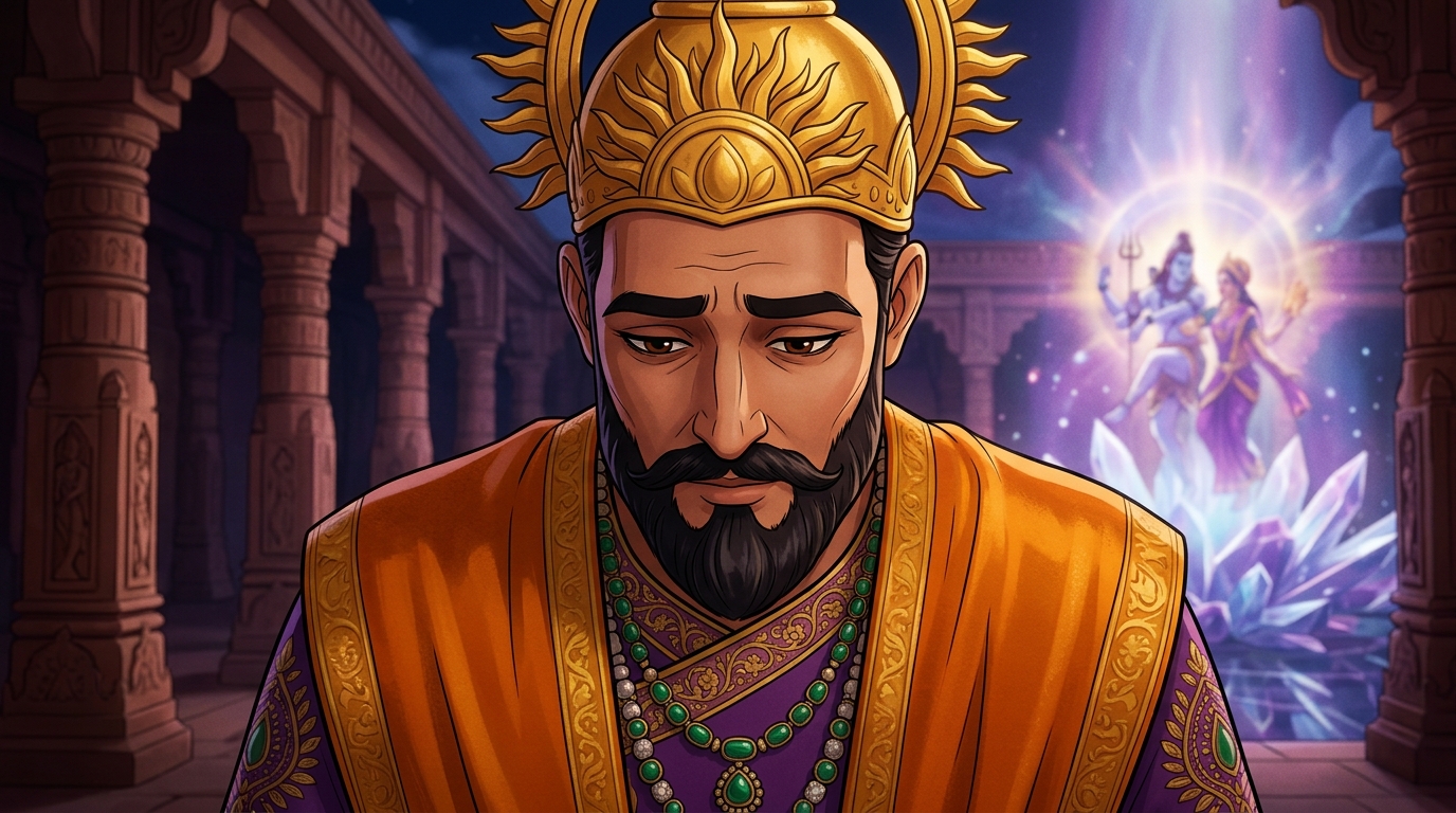 King Bhoja lowers his head in deep humility and introspection, acknowledging Vikramaditya's wisdom