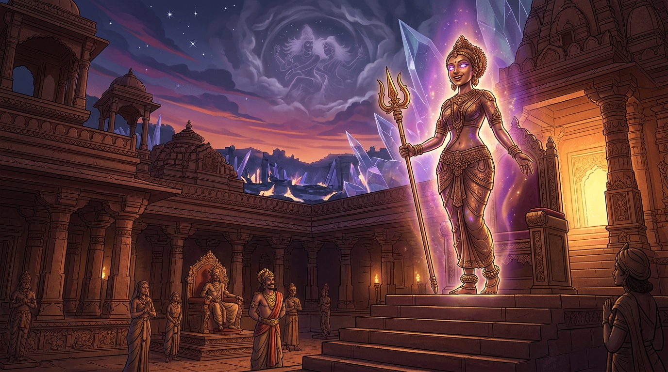 Twilight conches echo across Dharanagari as Sulakshana smiles and freezes back into silent bronze