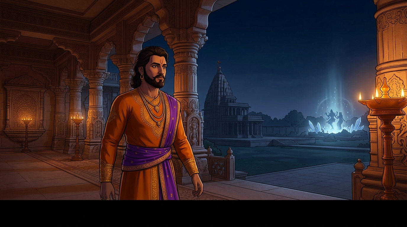 King Bhoja departs the throne hall in quiet contemplation, preparing for the thirty-second dawn
