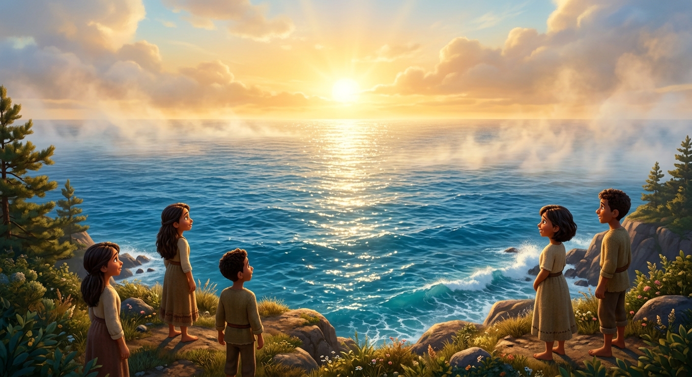 Panel 1: The boundless sparkling azure ocean under a golden morning sun, ethereal mist rising