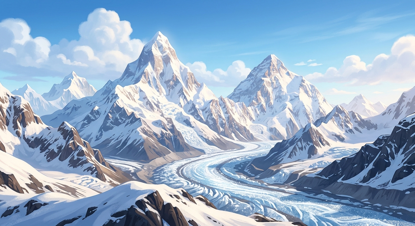 Panel 2: Majestic snow-capped Himalayan mountain range with soft clouds and Gangotri glacier ice