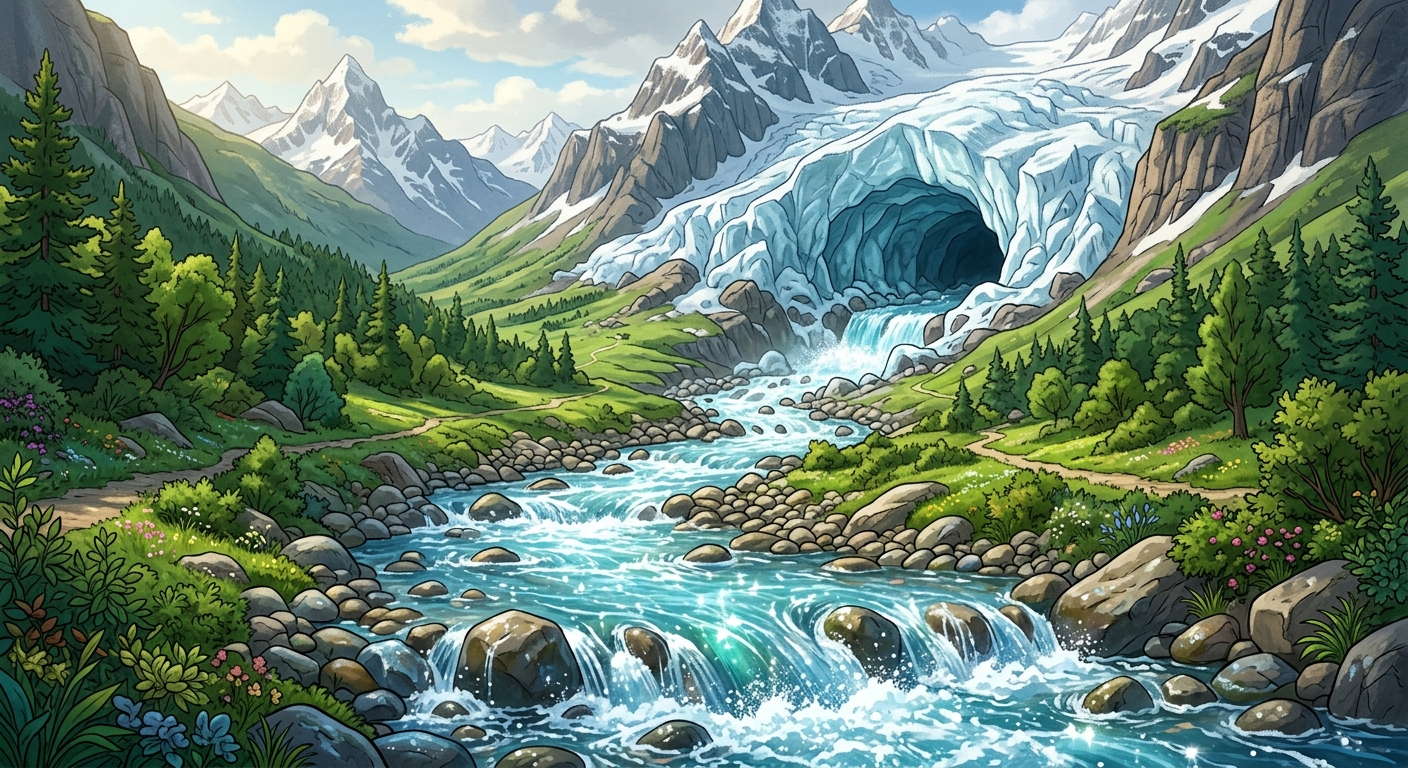 Panel 3: Glacial river stream bursting forth from Gomukh ice cave, rushing through lush valleys