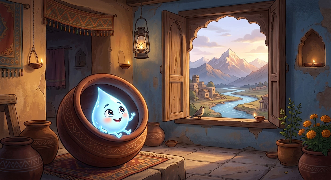 Panel 4: A cute luminous water droplet resting inside a traditional clay water pot in a peaceful courtyard