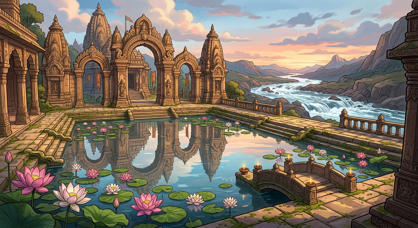 Panel 5: A peaceful sacred temple pond with blooming pink lotuses reflecting stone arches