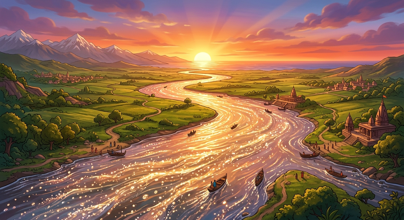 Panel 6: The mighty river Ganga flowing grandly through vast scenic plains at sunset