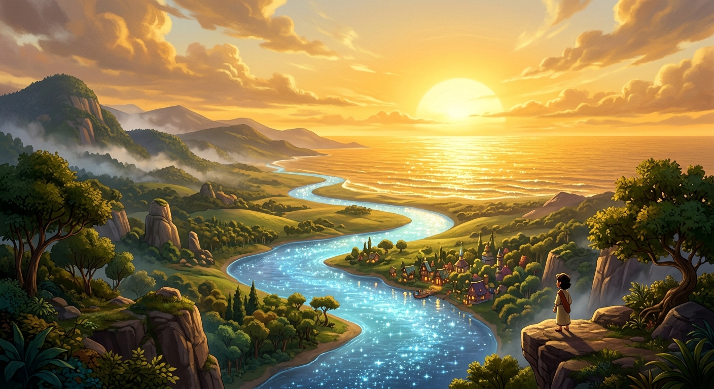 Panel 7: Wide cinematic view of the river merging seamlessly into the vast endless golden ocean