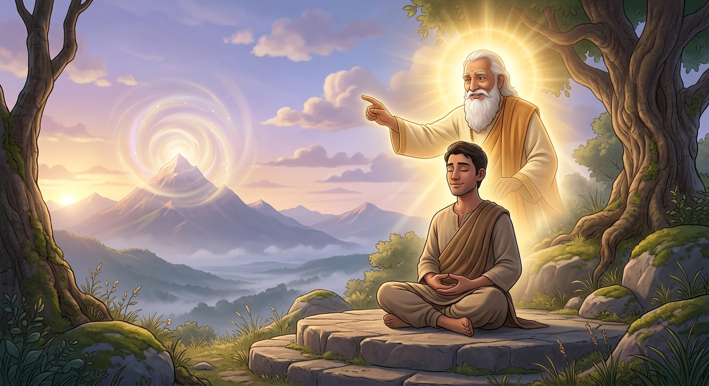 Panel 8: A serene spiritual seeker meditating in deep peace guided by the luminous presence of the Satguru