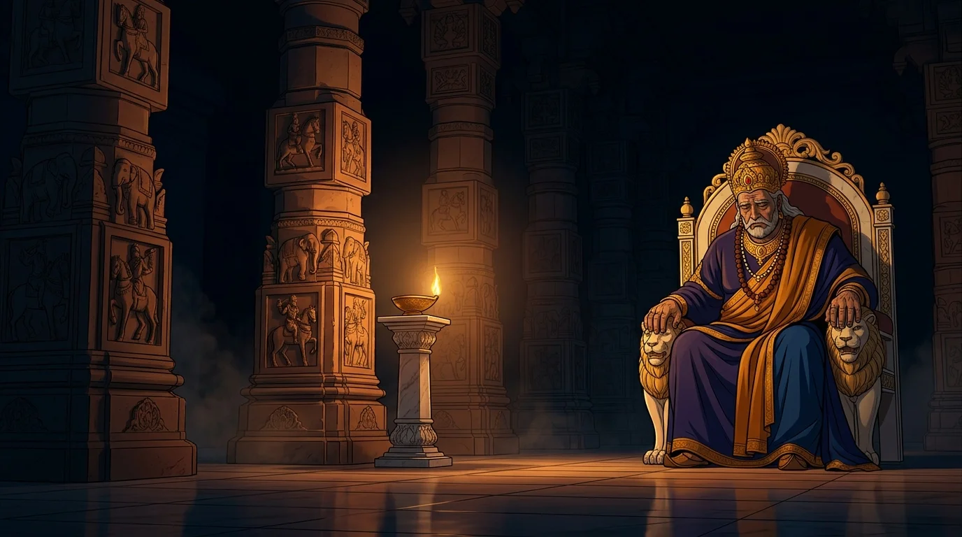 Cavernous shadowy throne room of Hastinapur with King Dhritarashtra isolated on the lion throne
