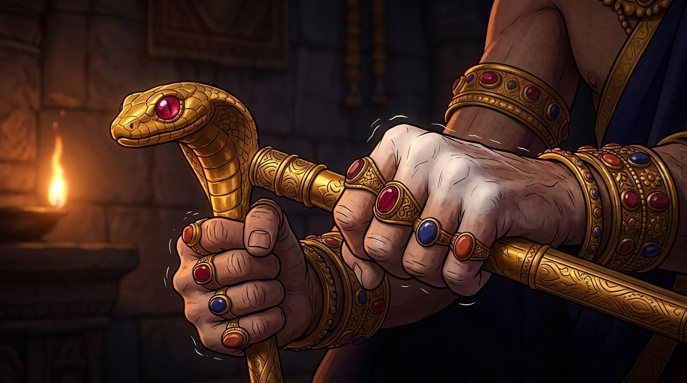 Close macro shot of King Dhritarashtra's trembling hands clutching the solid gold serpent staff