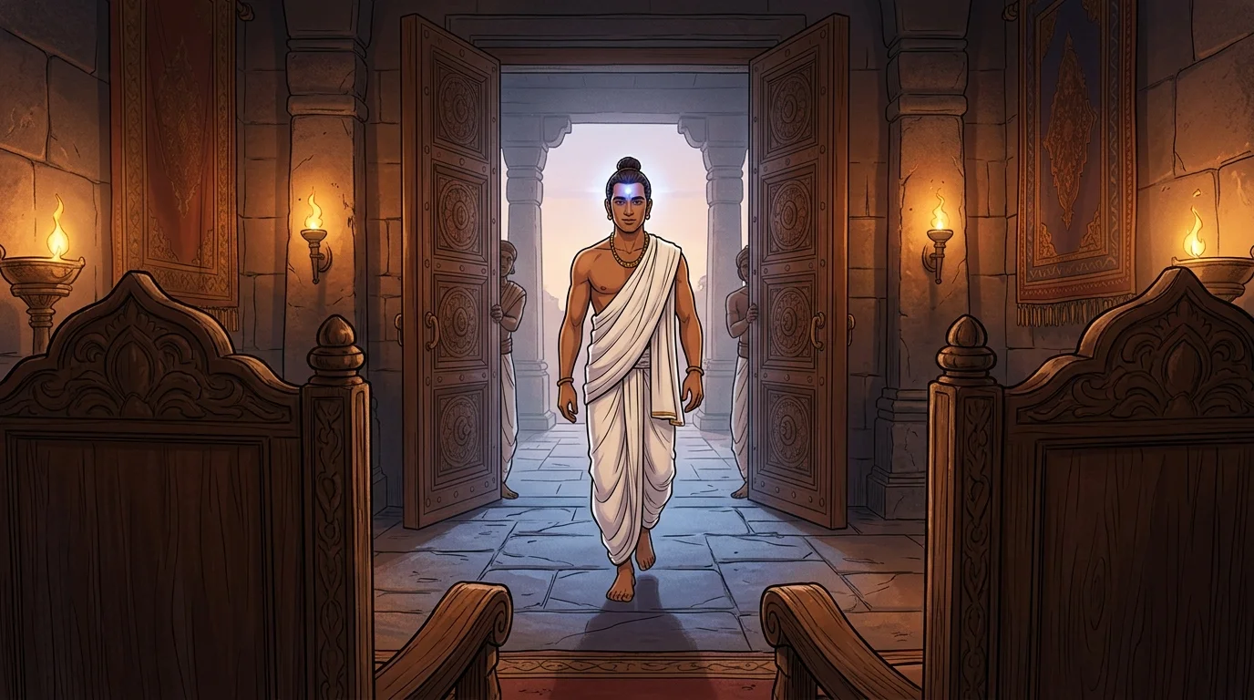 Carved teakwood palace doors swing inward as Sanjaya steps into the torchlit chamber