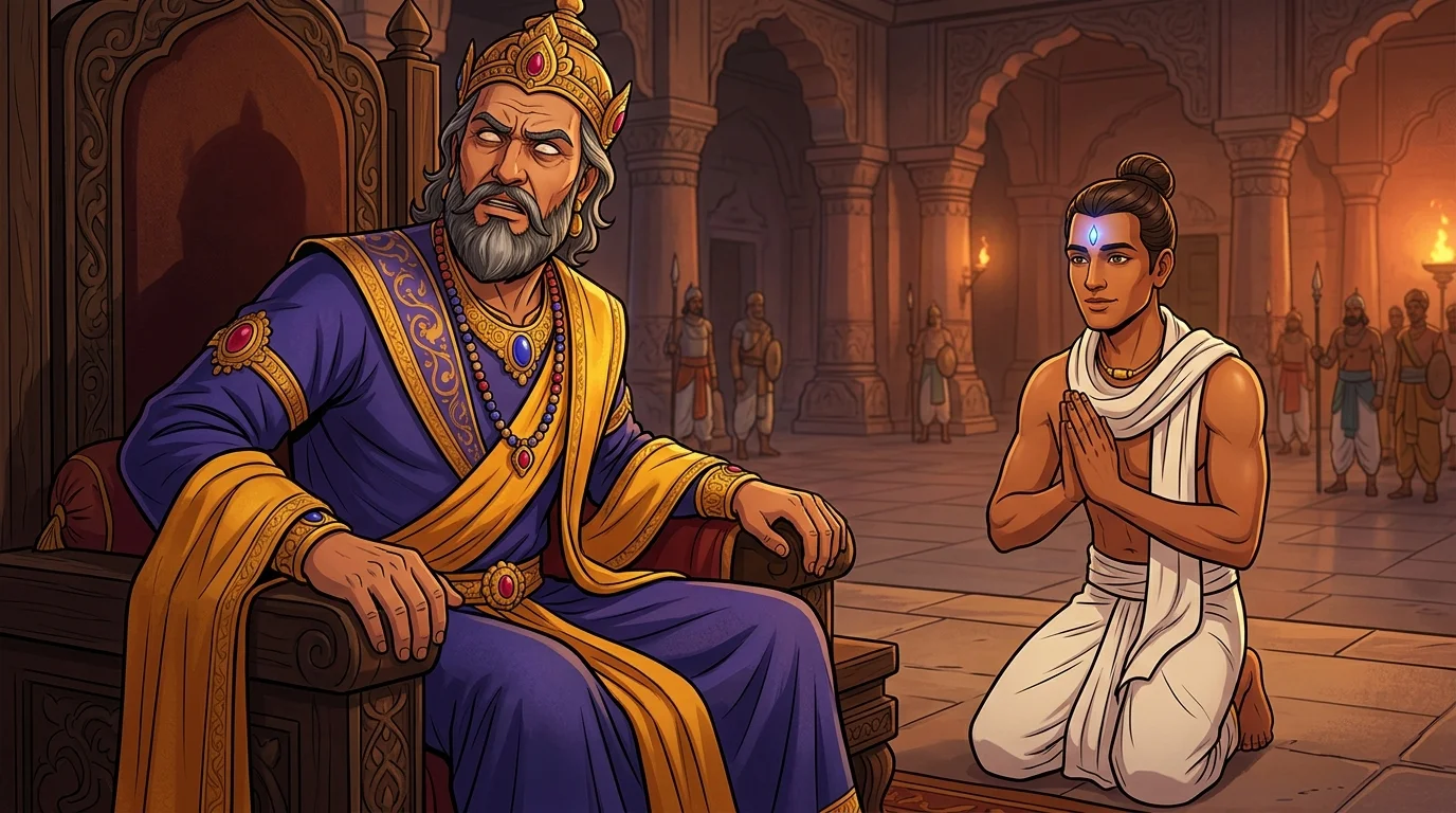 King Dhritarashtra turns his head with desperate eagerness toward the sound of Sanjaya's voice