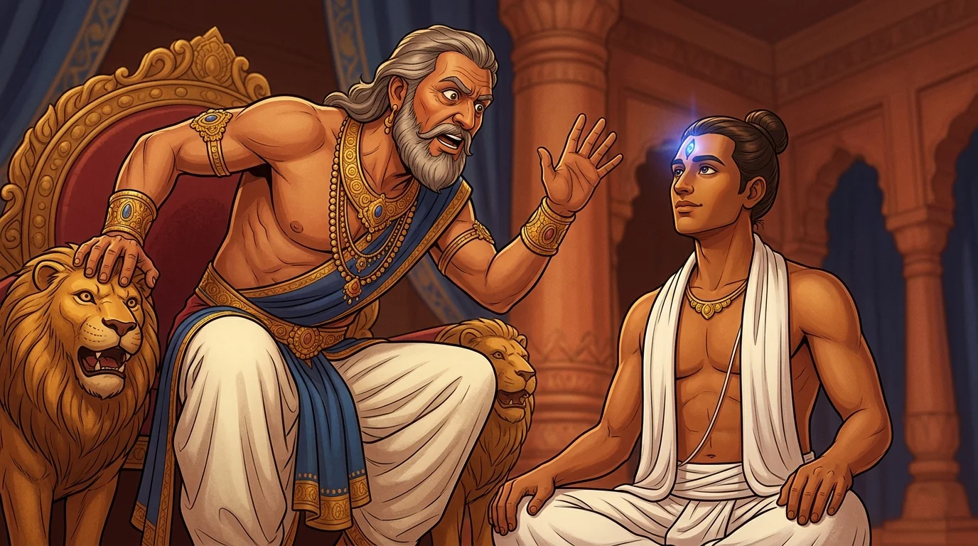 Dhritarashtra leaning forward from the lion throne demanding an account of the battle