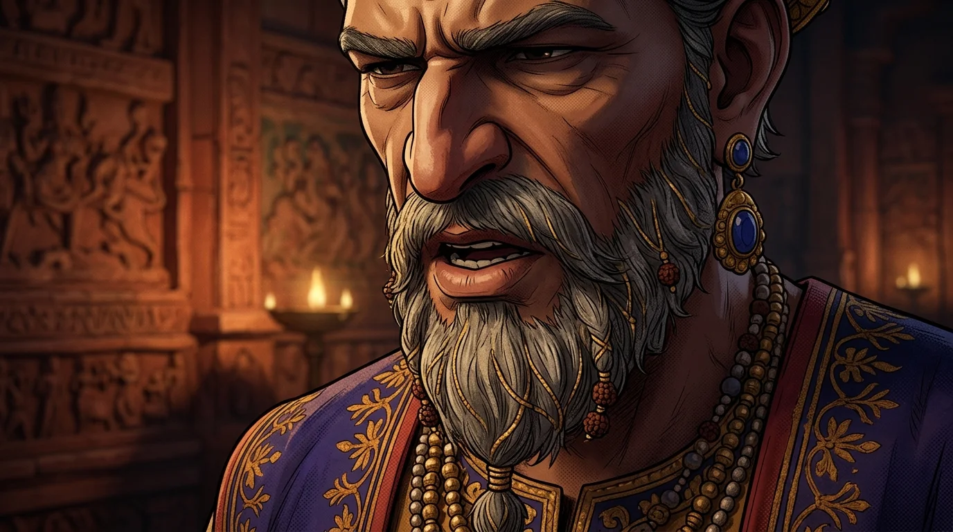 Extreme close-up on King Dhritarashtra's mouth as he speaks the divisive word 'Mamakah'