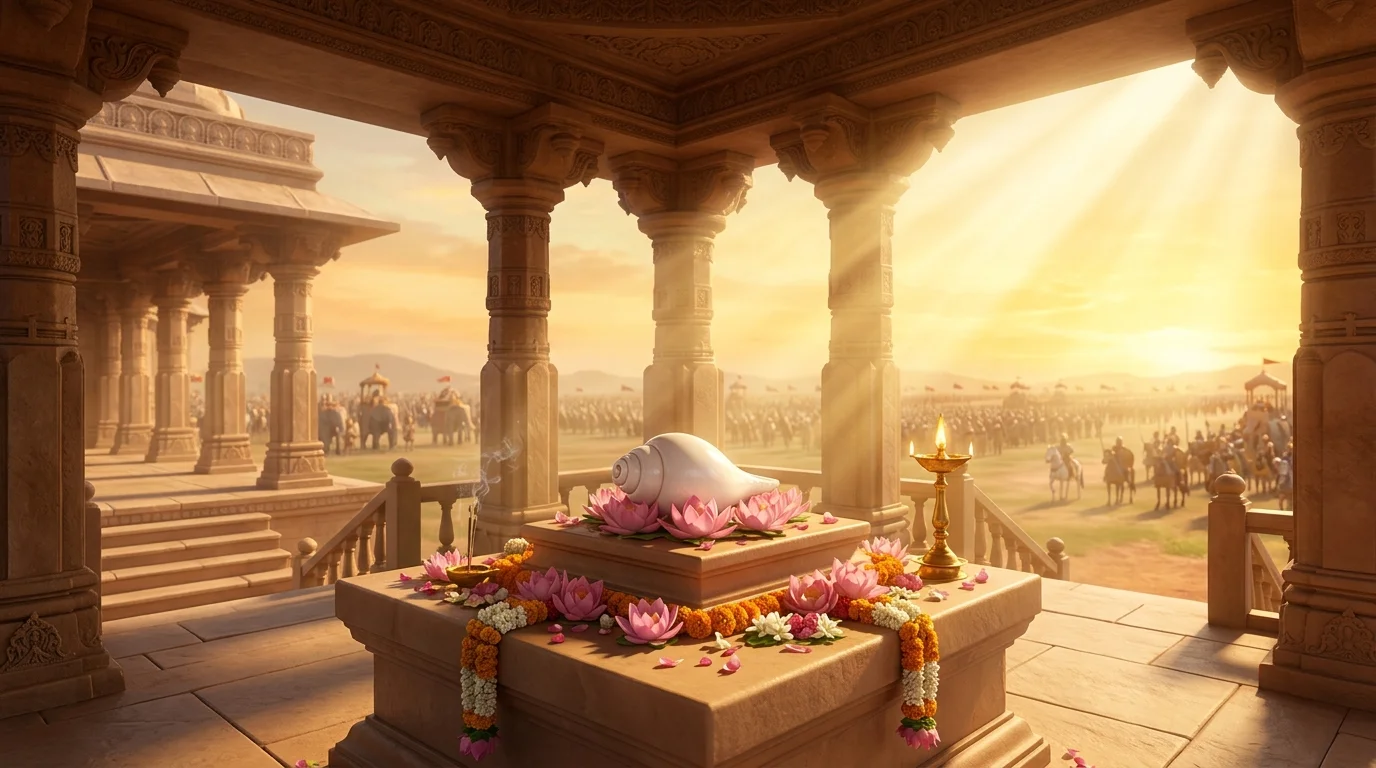 Sacred glowing stone inscription carved with Bhagavad Gita Shlok 1.1