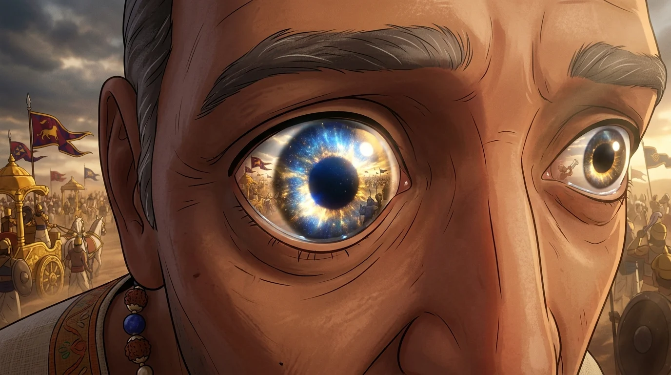 Macro shot of Sanjaya's glowing eye opening, reflecting distant war banners and golden chariots