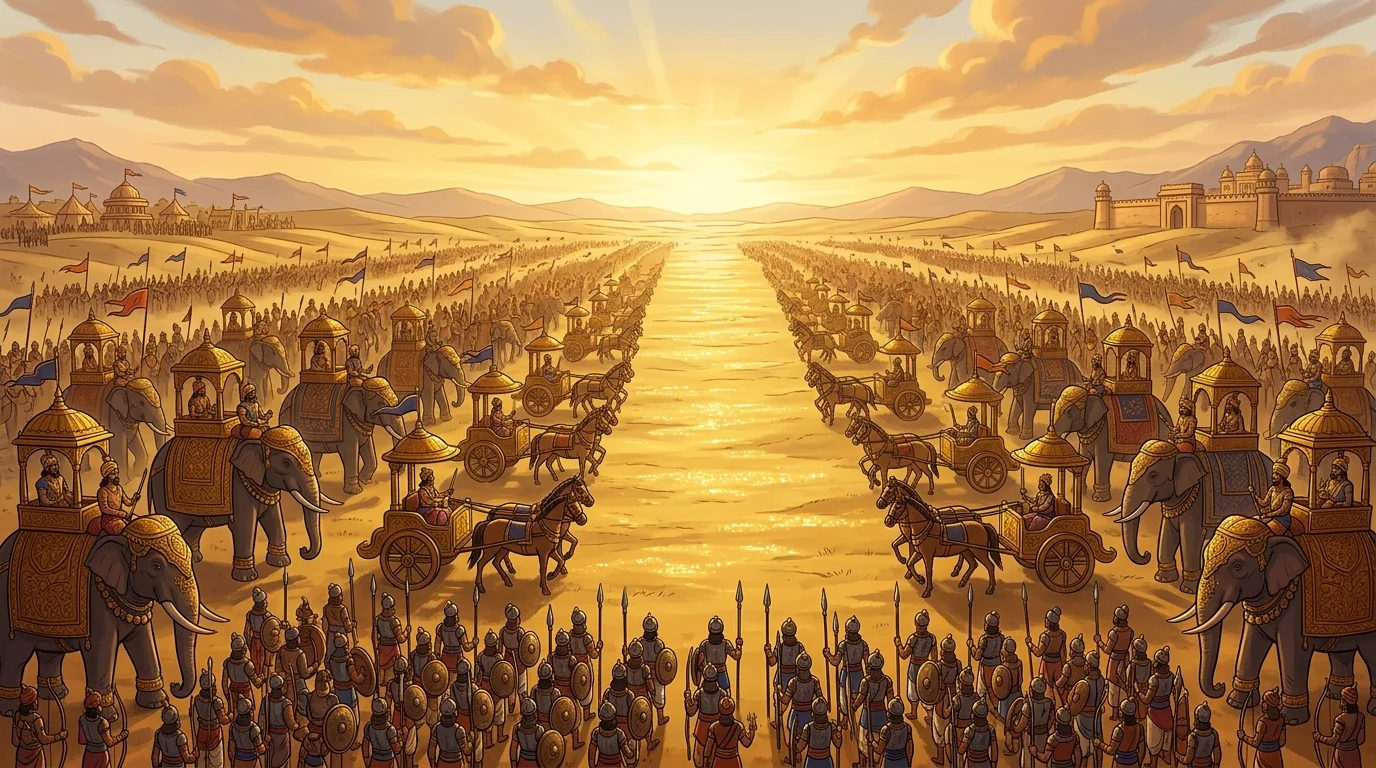 Panoramic 16:9 ultra-wide view of Kurukshetra with two vast armies arrayed across the golden sands