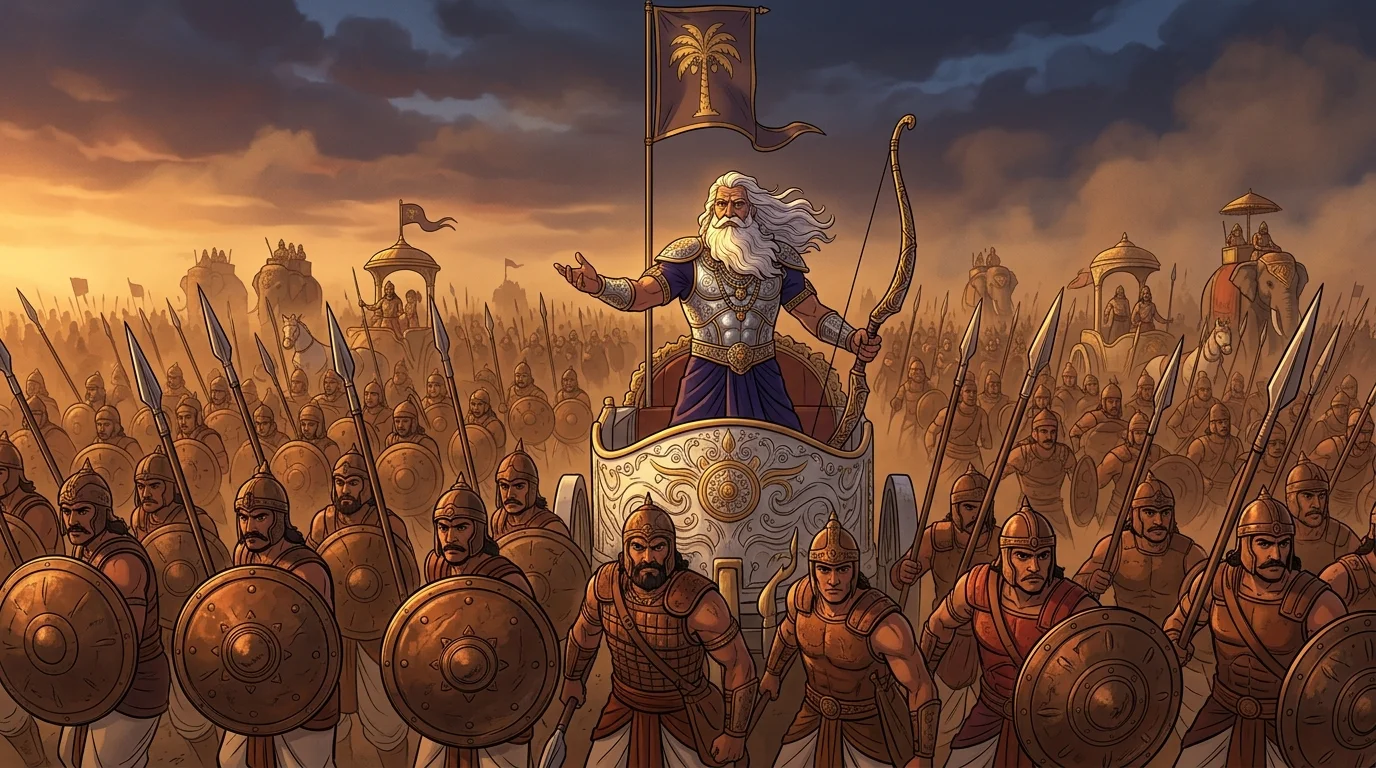 Kaurava vanguard with armored battle elephants, spearmen, and patriarch Bhishma on his chariot