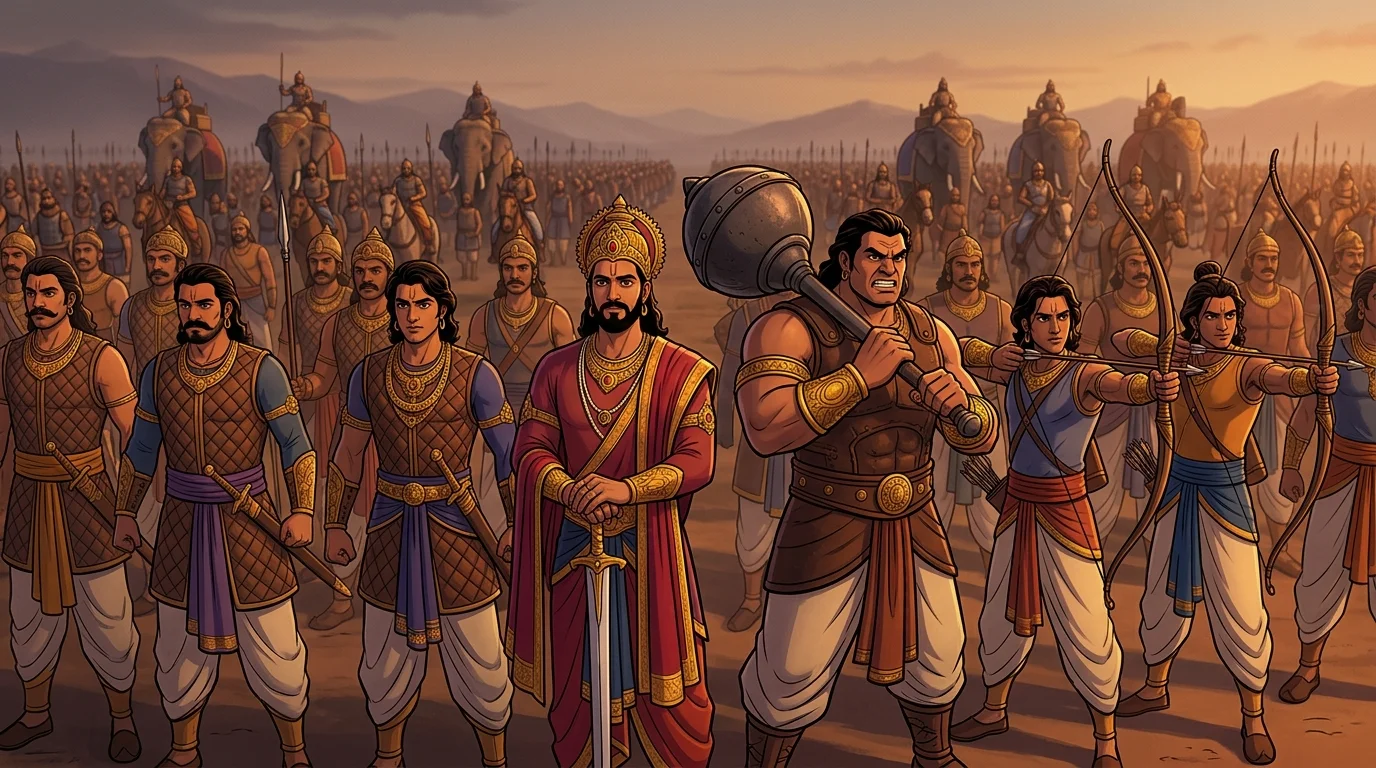Disciplined Pandava battle lines standing resolute like an unbroken wall of righteousness