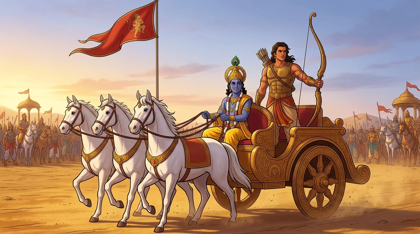 The magnificent golden chariot with Krishna holding reins of four white steeds and Arjuna standing behind with Gandiva bow