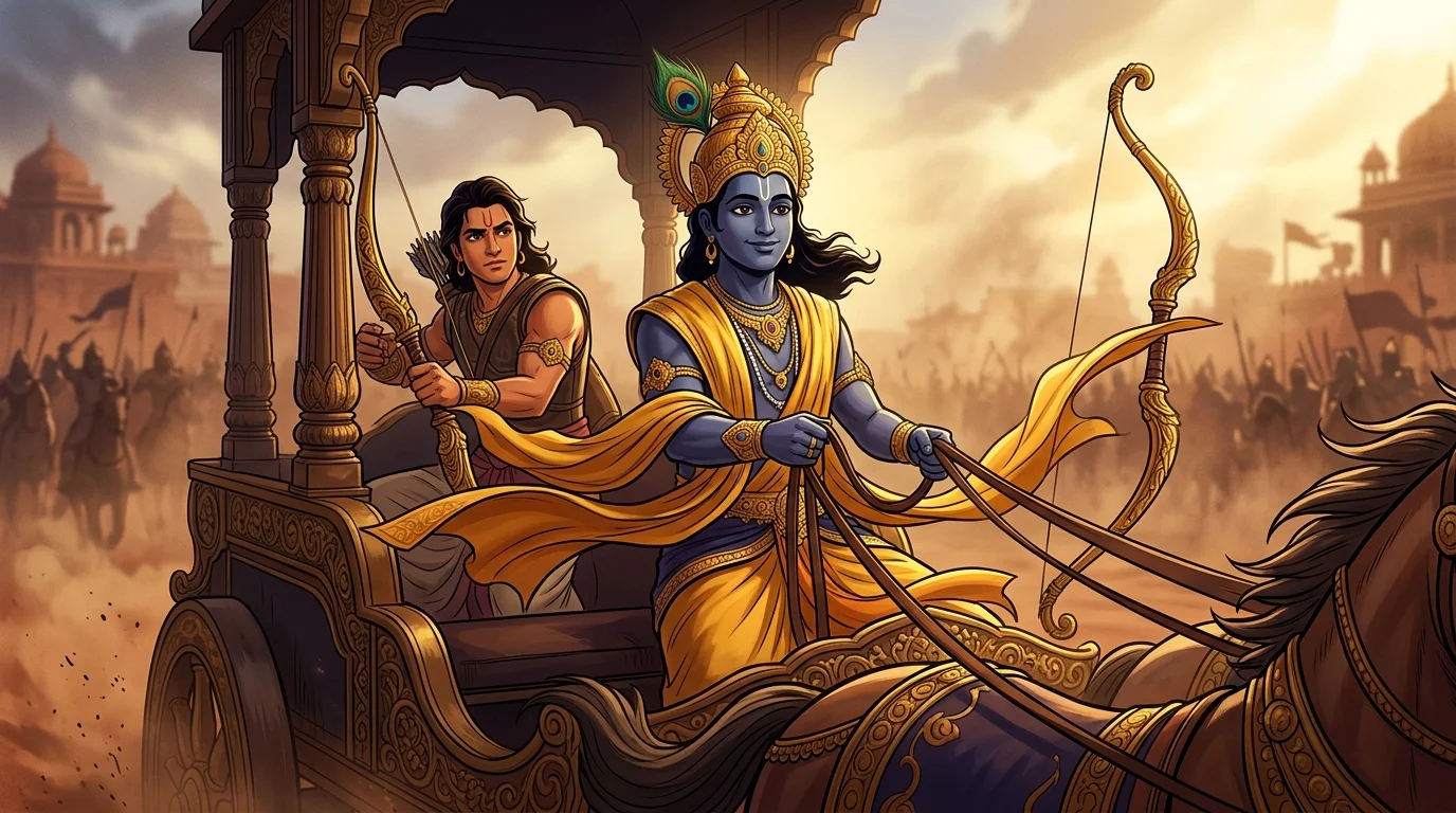 Lord Shri Krishna on the chariot smiling with serene cosmic peace, holding the reins of four white steeds