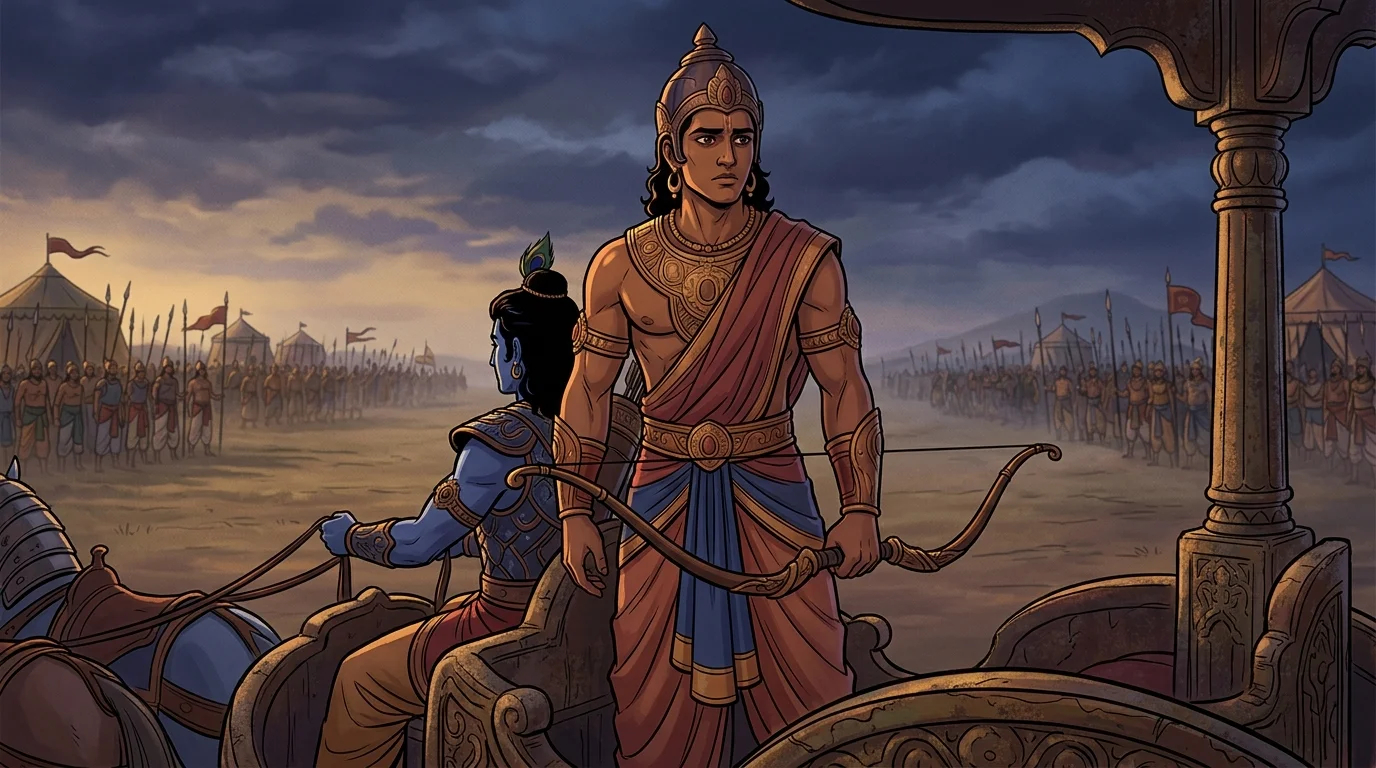Hero close-up on warrior prince Arjuna holding the celestial Gandiva bow with deep contemplation