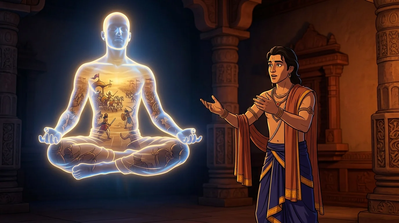 Split composition with Sanjaya speaking in Hastinapur while pointing toward a glowing astral human body