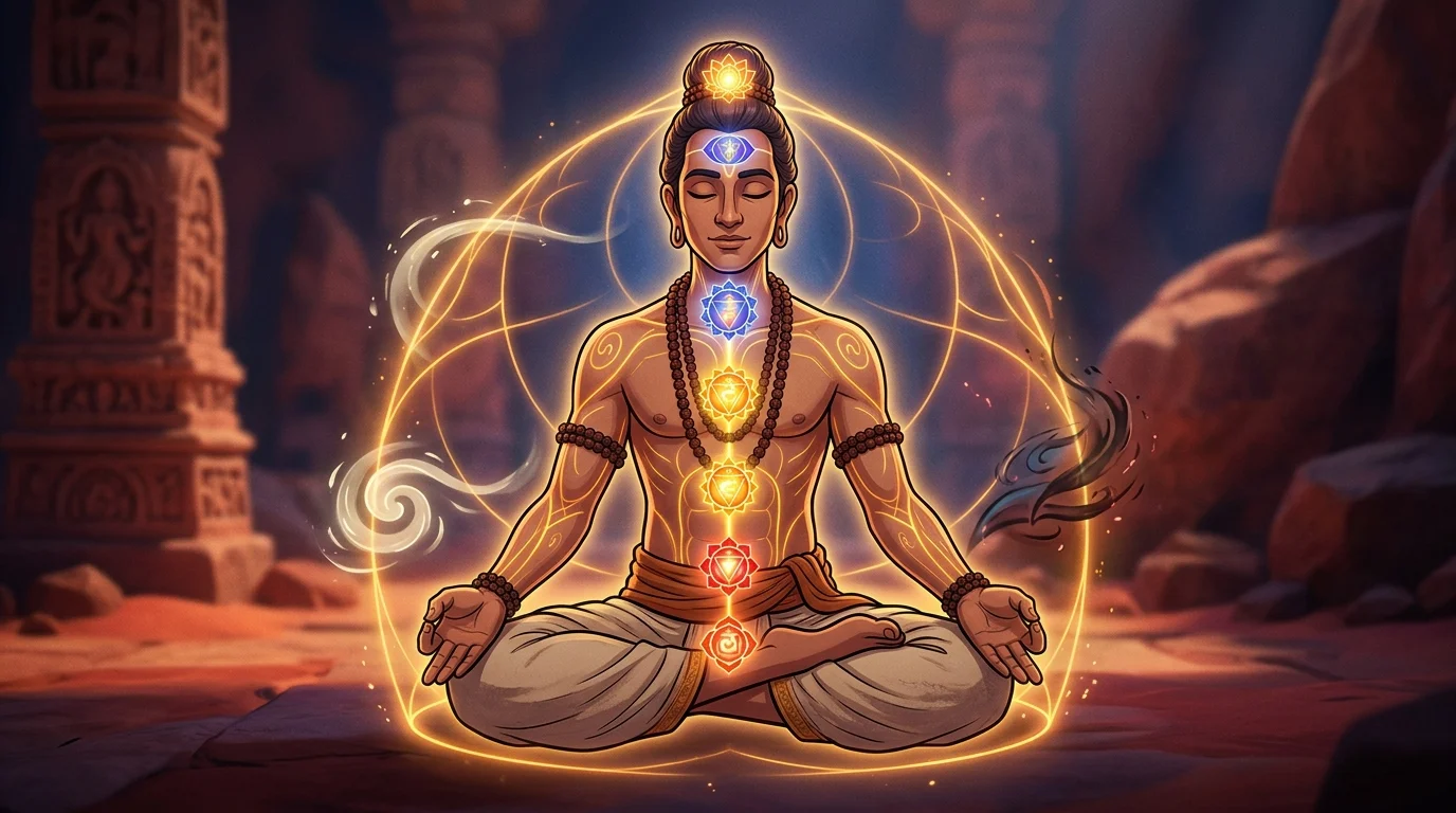 Surreal mystical vision of the human body depicted as an ancient sacred fortress and arena ('Idam Shariram Kshetram')