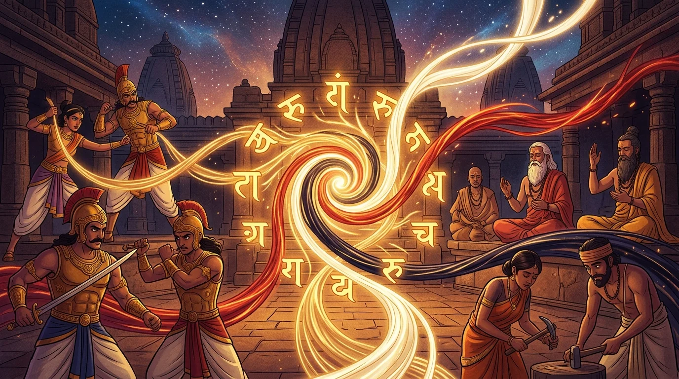 Golden Sanskrit glyphs for 'Kuru' (Act!) radiating energy across the three swirling threads of the Gunas