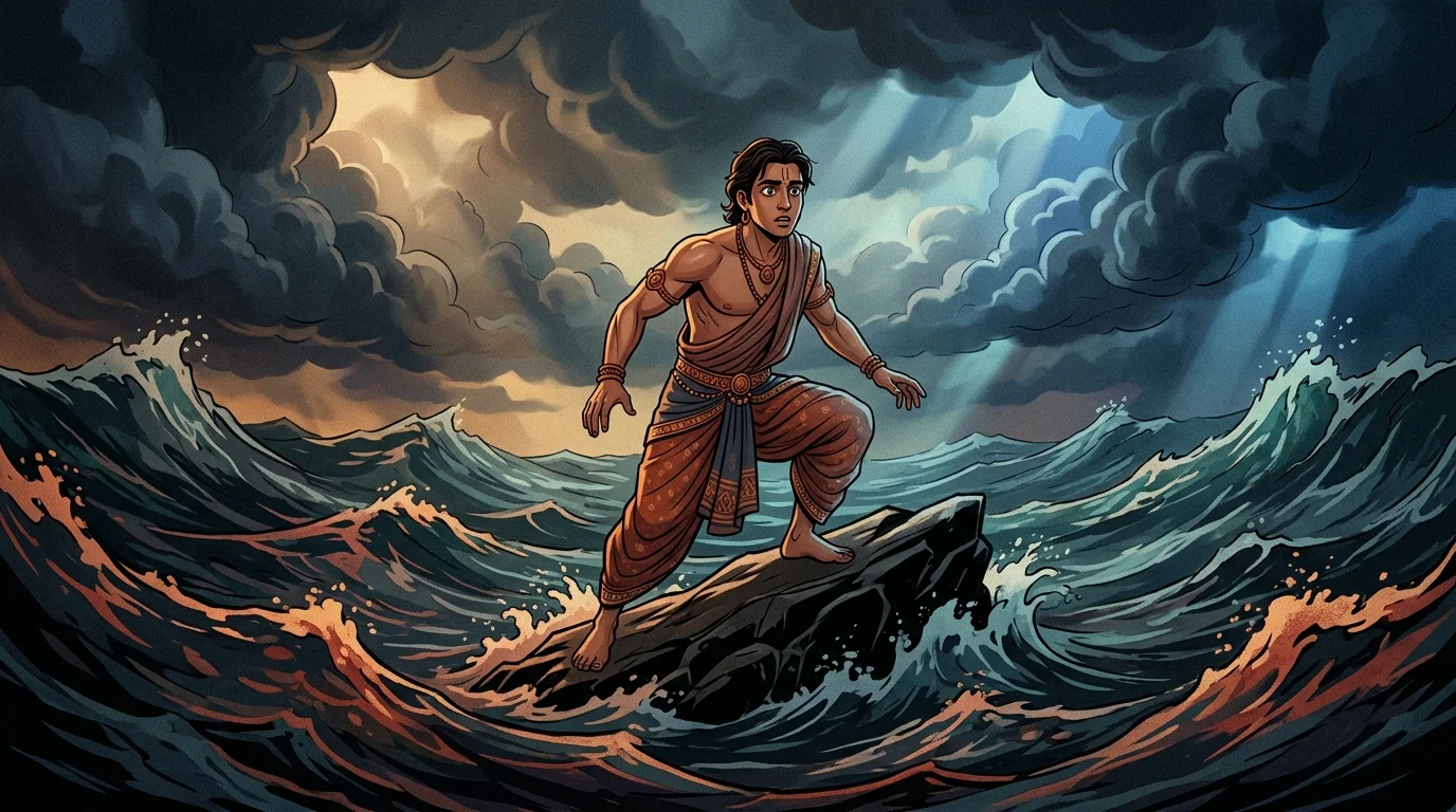 Stormy turbulent sea of sensory desires, attachments, and karma depicting the restless realm of Kurukshetra