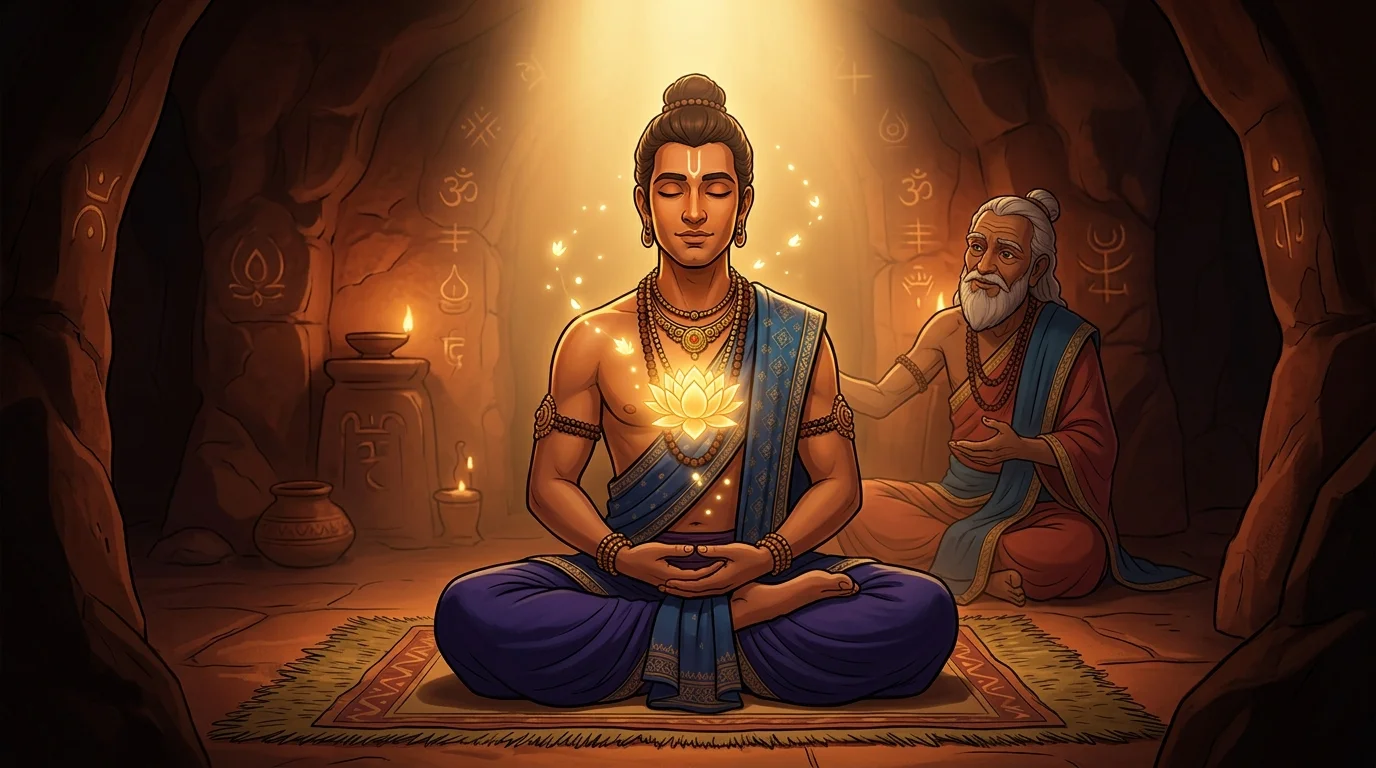 Luminous lotus of spiritual awakening blooming in the heart chamber depicting Dharmakshetra