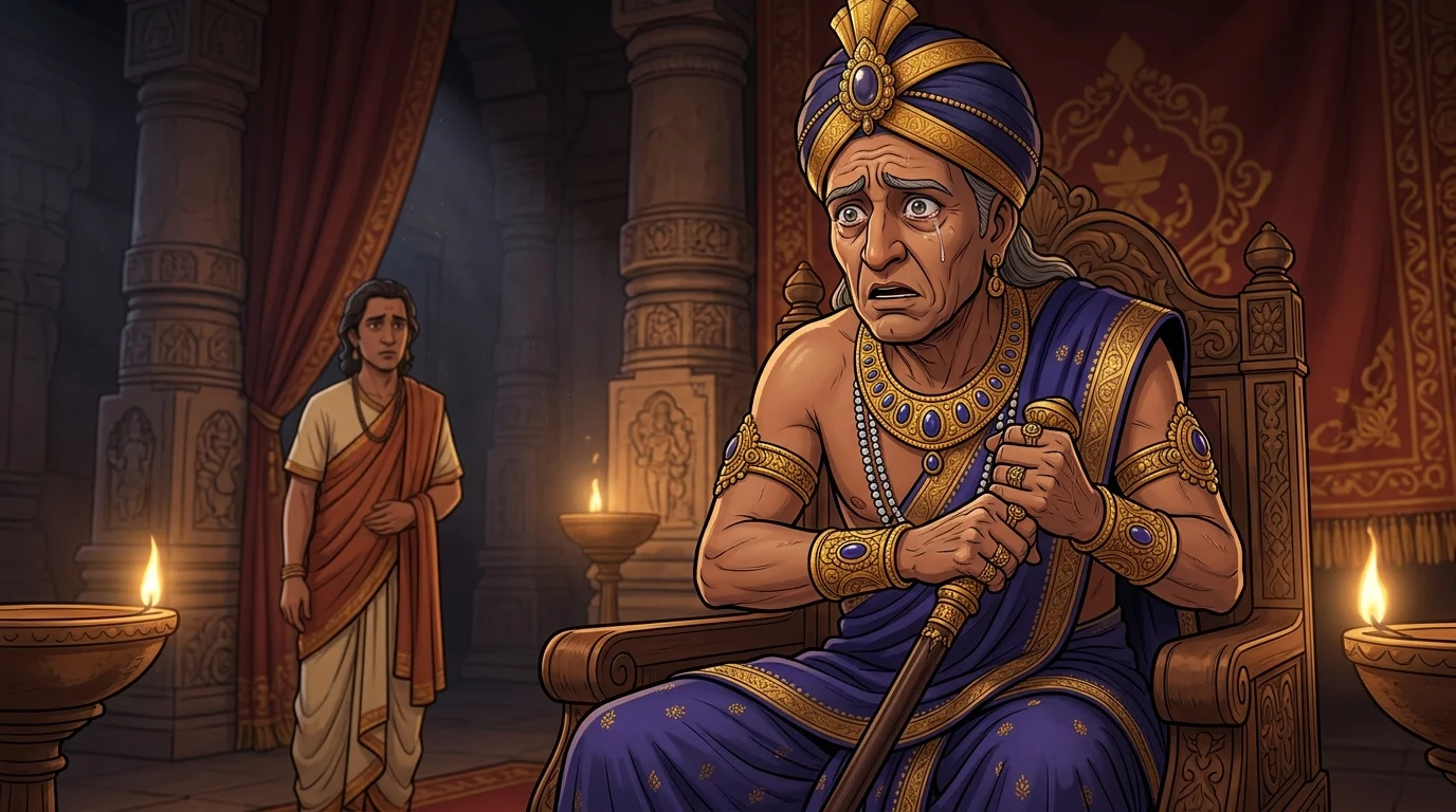 King Dhritarashtra recoiling in deep awe and astonishment as Sanjaya's revelation sinks into his mind