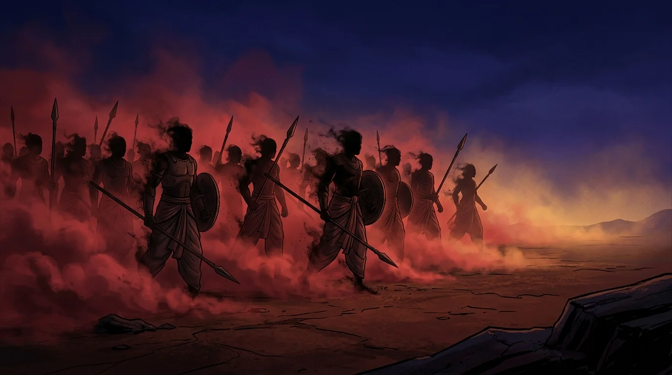 Vision of the 100 Kauravas portrayed as shadowy warrior figures representing sensory vices