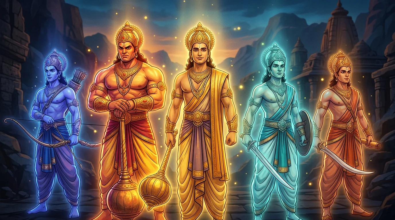 Vision of the 5 Pandava brothers as luminous golden warrior guardians representing divine virtues