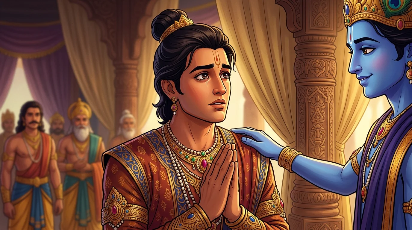 Emotional close-up on Arjuna looking with pure longing and devotion toward Shri Krishna