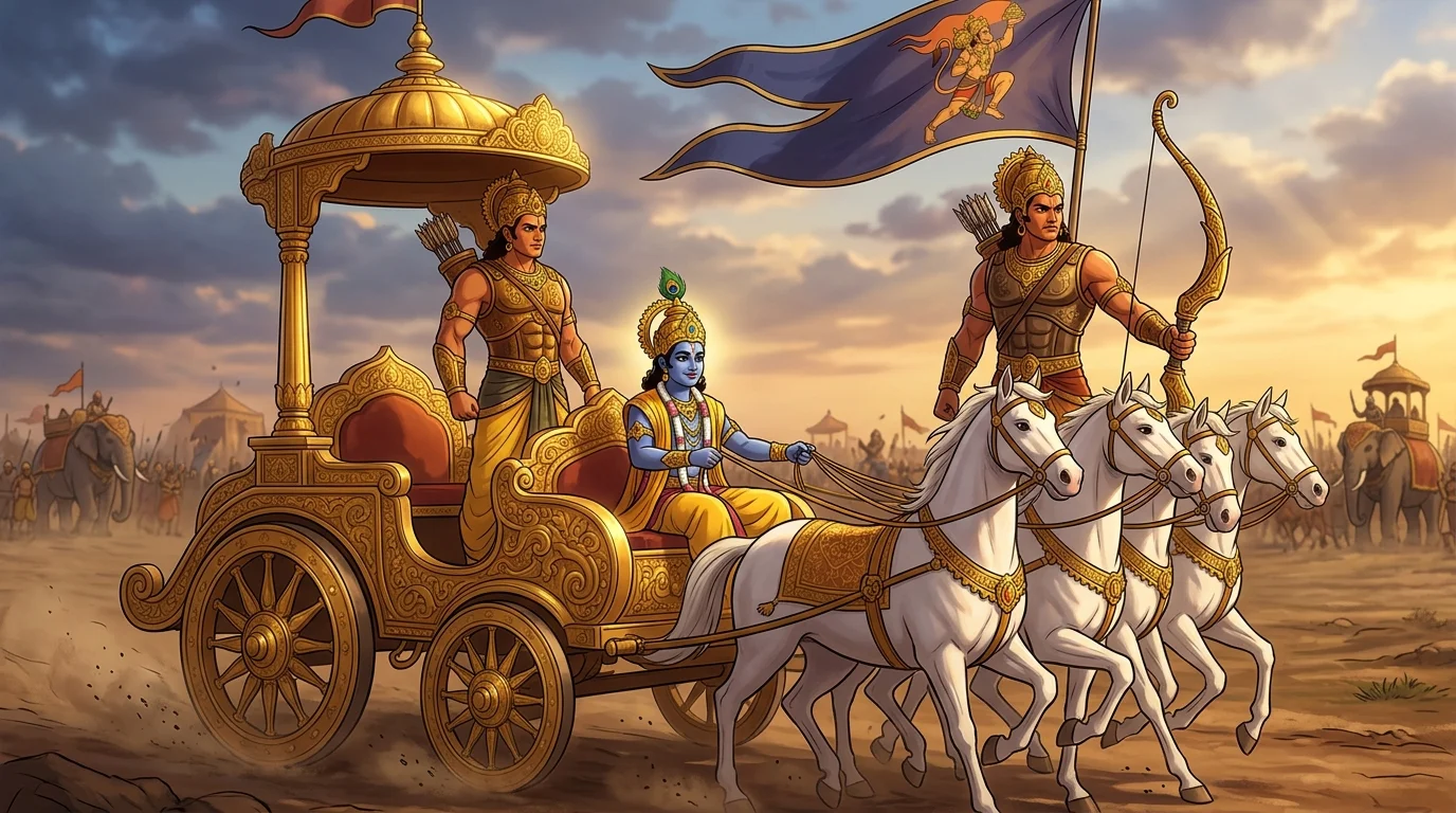 Low-angle view of the golden chariot advancing smoothly with Krishna guiding four white horses and Arjuna standing steadfast