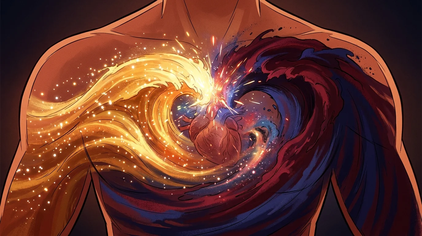 Cosmic clash where golden waves of virtue and crimson waves of vice collide in the heart center