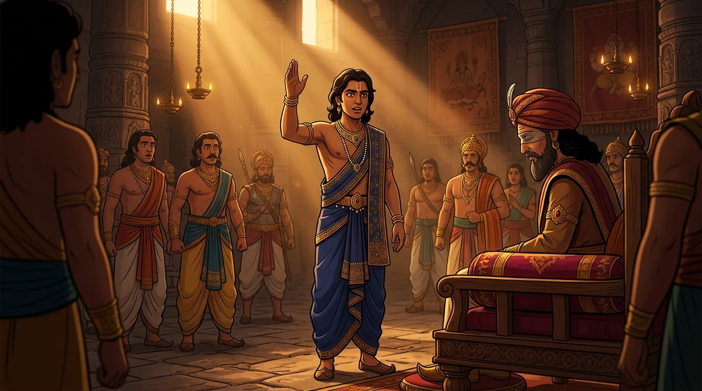 Sanjaya raising his hand with prophetic conviction before King Dhritarashtra in the Hastinapur palace
