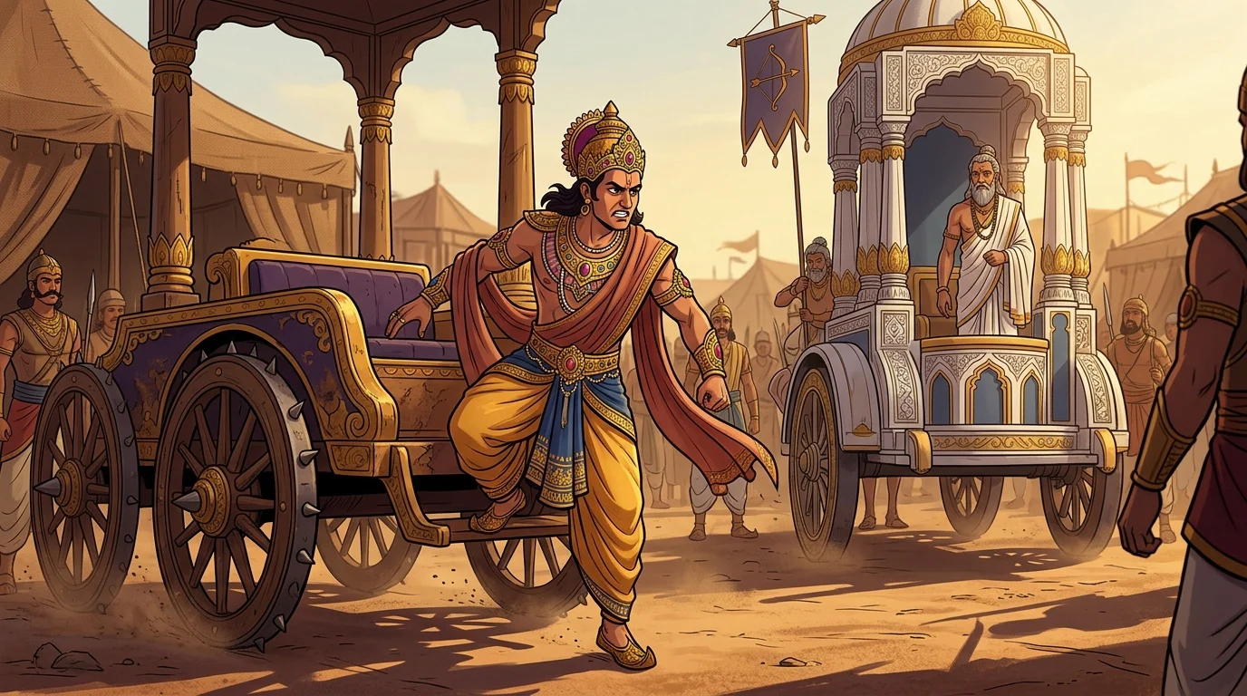 Duryodhana marching hastily across the dusty battlefield toward Acharya Dronacharya's towering chariot
