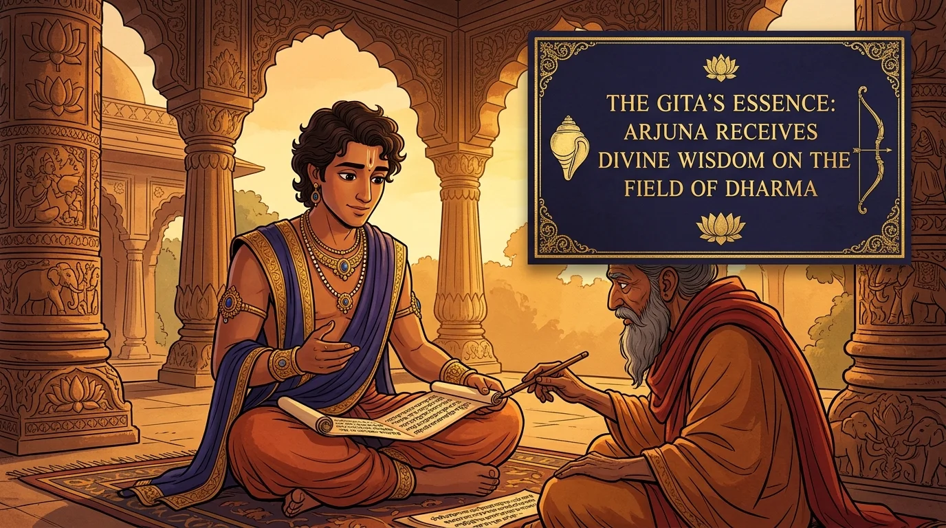 Golden illuminated summary card of Shlok 1.1 with Swami Adgadanand's commentary