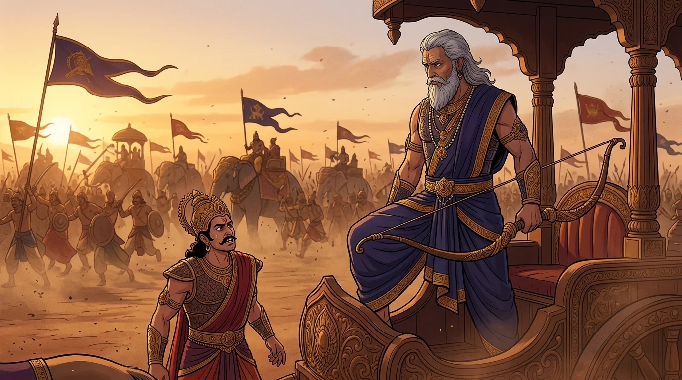 Grand dramatic closing shot of Acharya Dronacharya turning slowly to look at Duryodhana as war horns sound