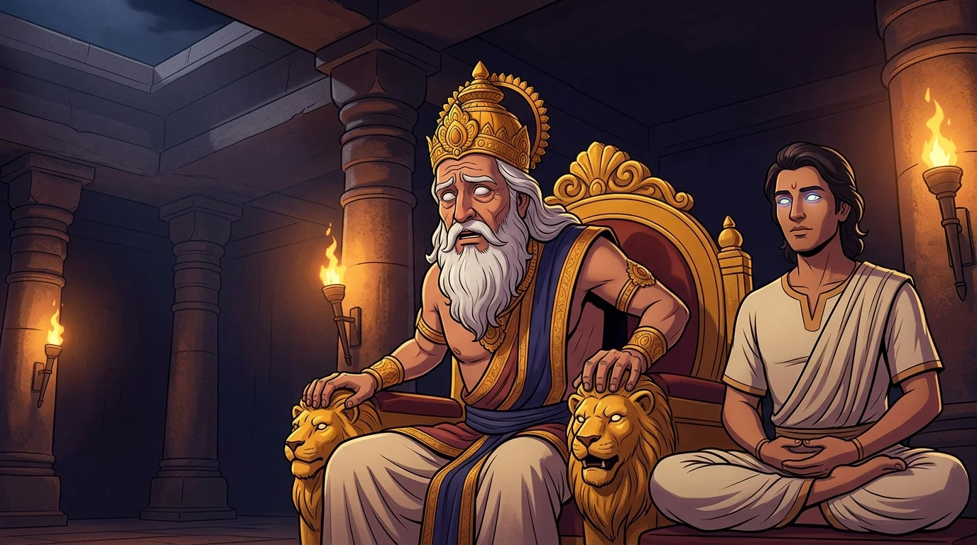 King Dhritarashtra clutching his lion throne in Hastinapur asking Sanjaya with deep anxiety
