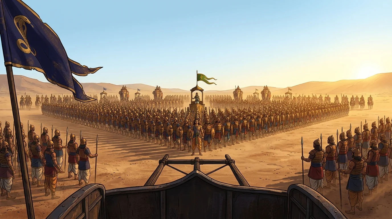 Panoramic POV of the diamond-sharp Pandava battle array with Dhrishtadyumna at the helm