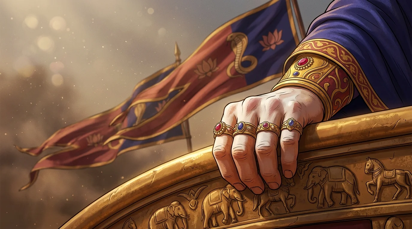 Tight macro shot of Duryodhana's trembling hand gripping the golden rail of his chariot